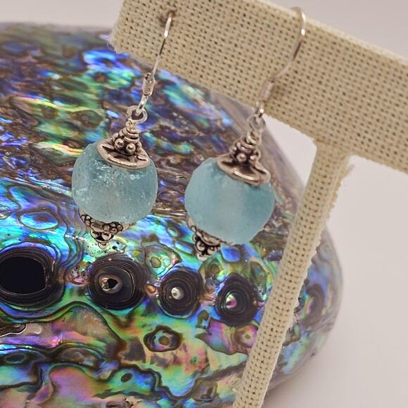 Recycled Grn Vintage Ghana Glass Beads Hill Tribe Sterling Earrings - Picture 3 of 8